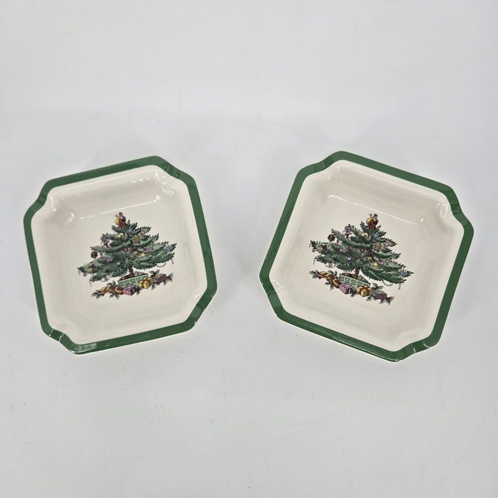 (2) Spode Christmas Tree Candy Trinket Dish Square Ashtray 4.5" England S3324 B